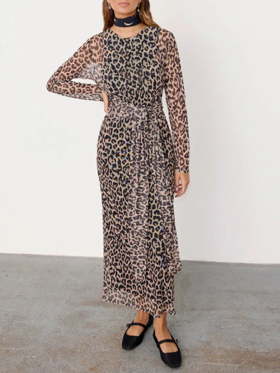 Leopard Print Mesh Midi Dress