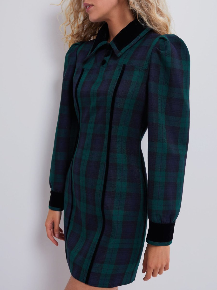 Puff Sleeve Plaid Shirt Mini Dress