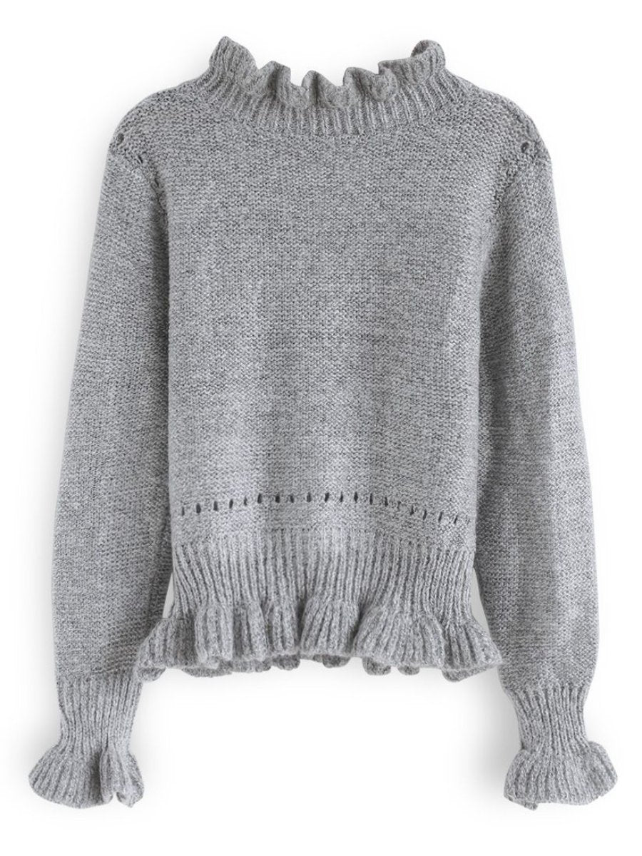 Knit A Chance V-Neck Frilling Sweater In Grey