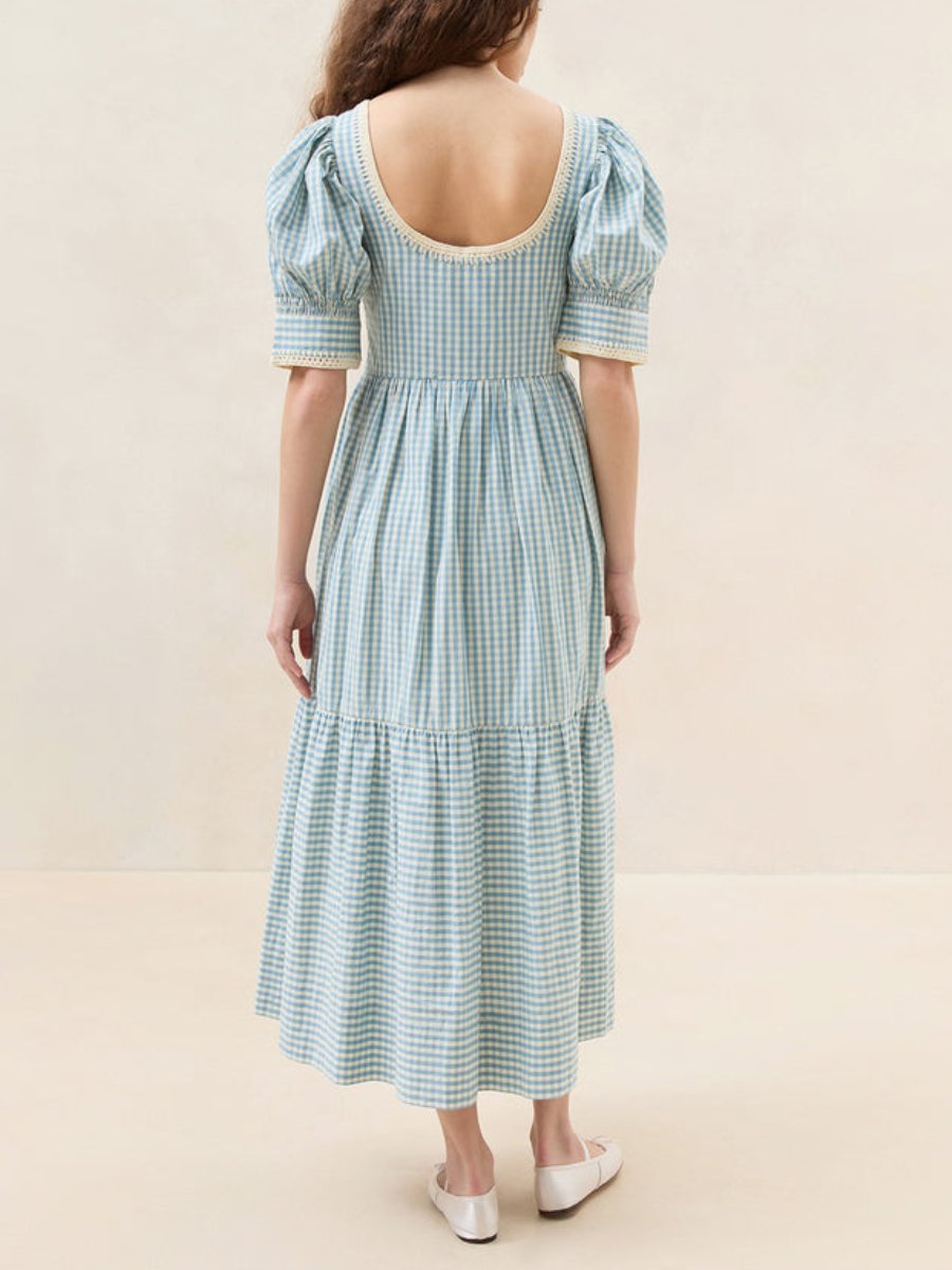 Blue Gingham Puff-Sleeve Midi Dress