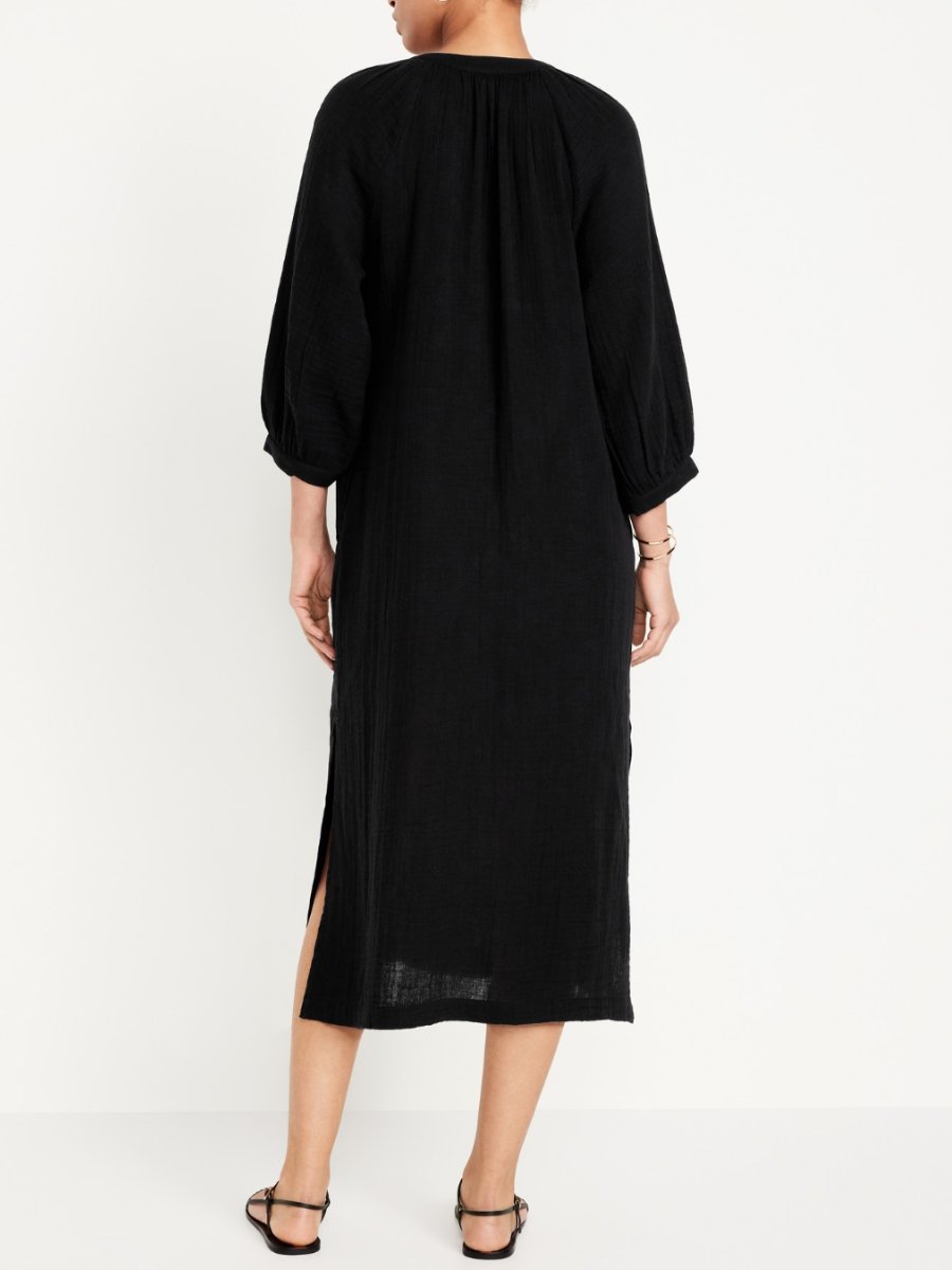 Crinkle Gauze Black Midi Dress