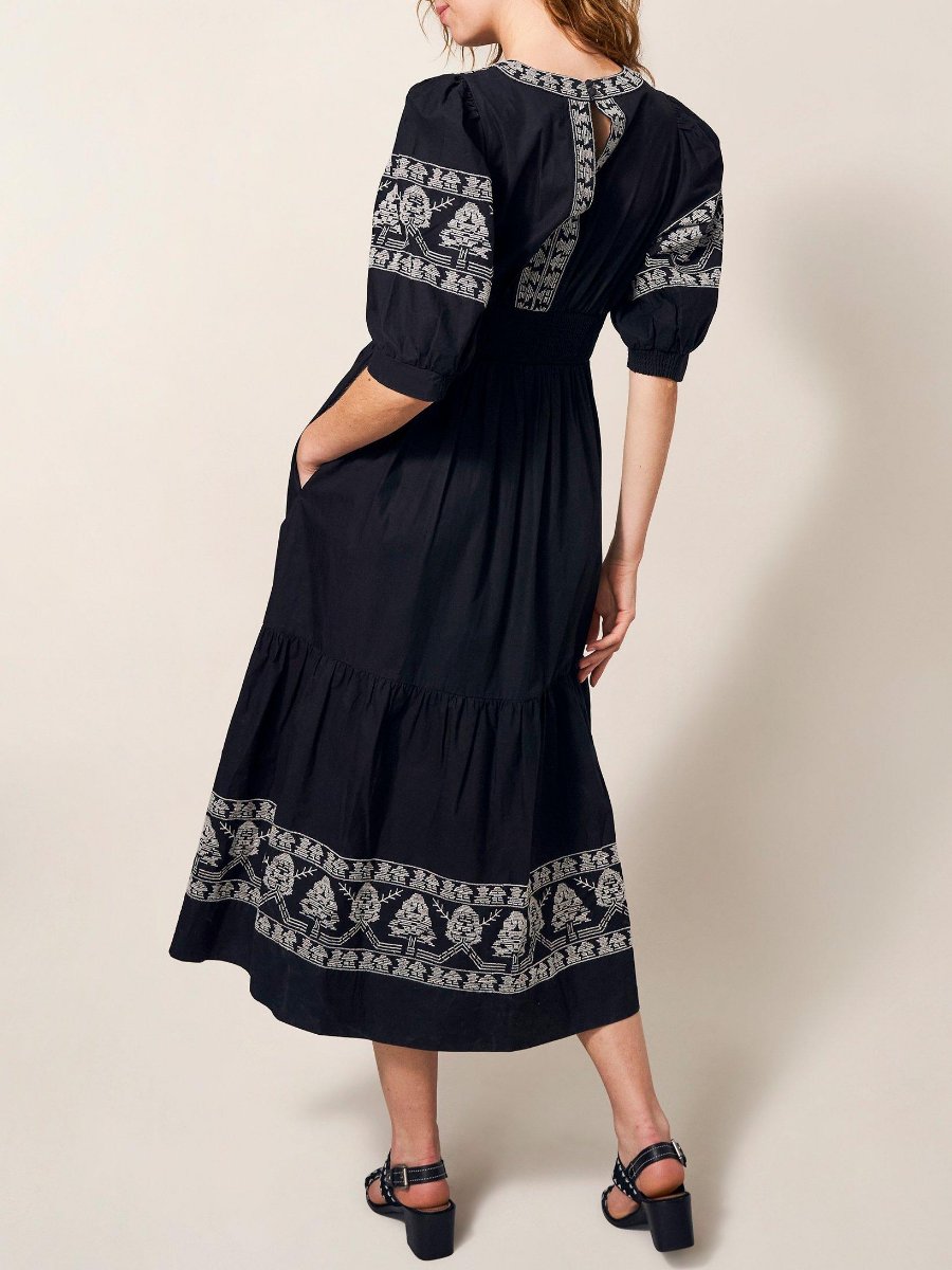 Short Sleeve Embroidered Black Midi Dress