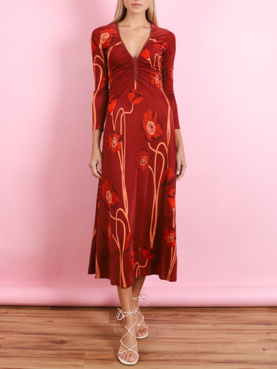 V-Neck Ankle Red Midi Dress