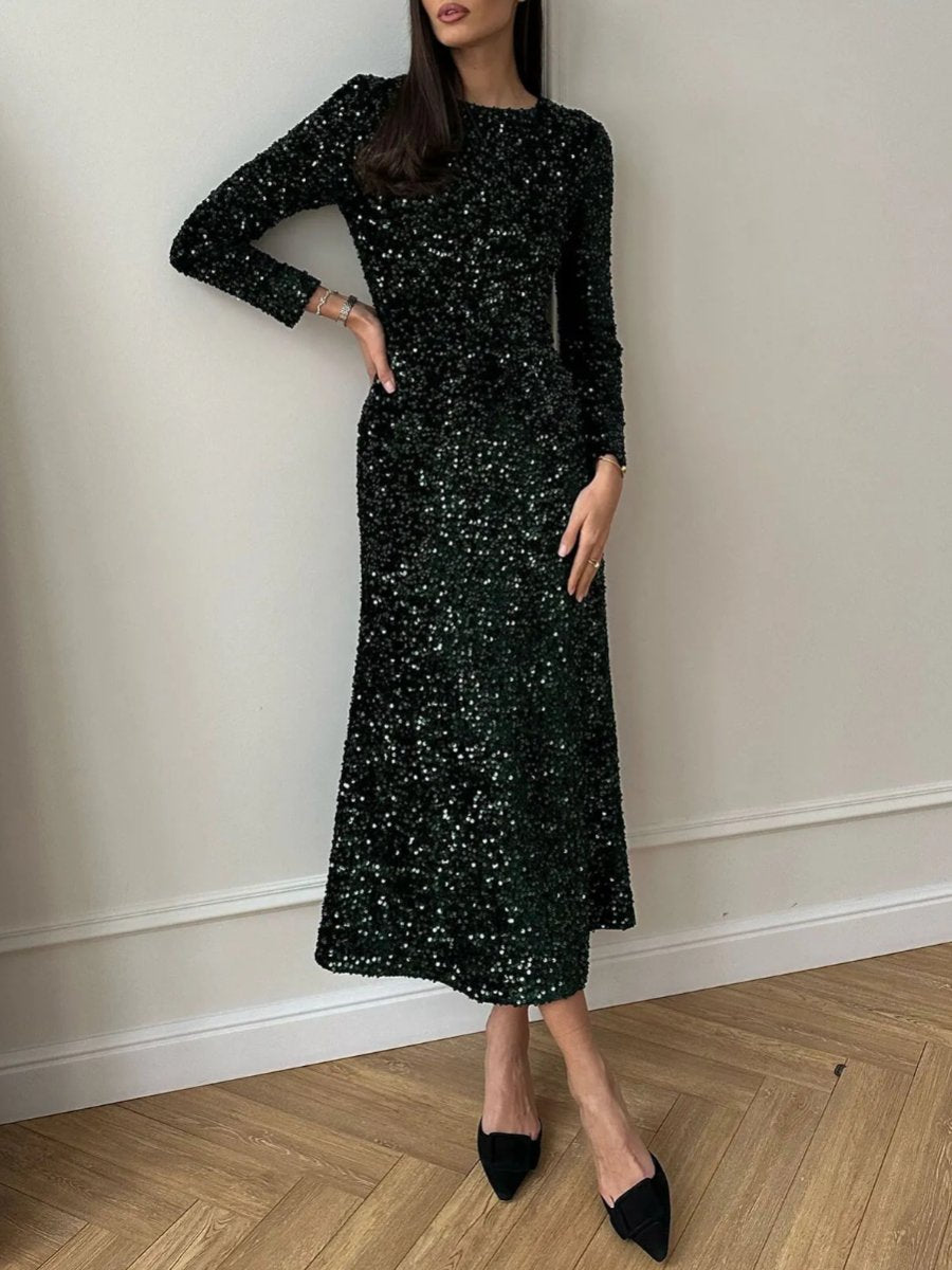 Black Sequin Decorated Long Sleeve Midi Dress