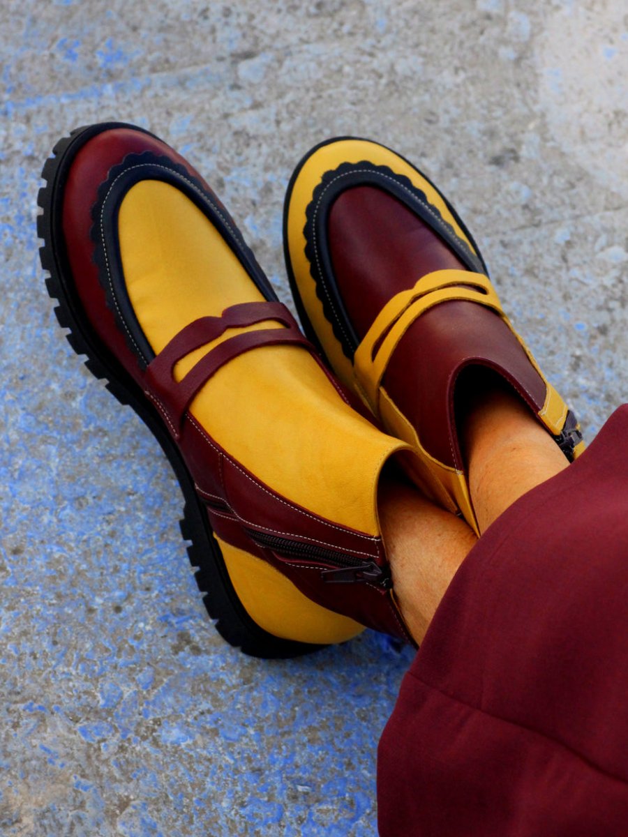 Golden With Burgundy Ankle Boots