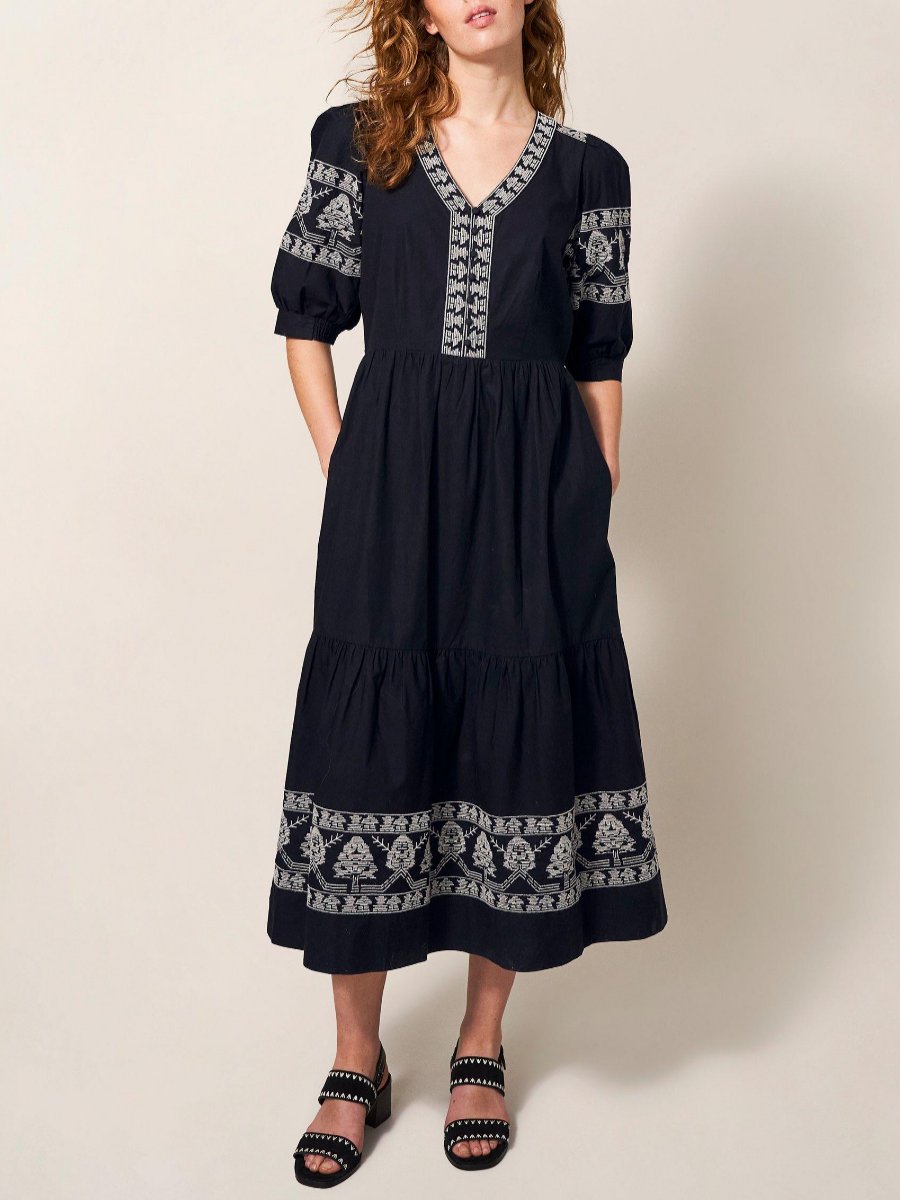 Short Sleeve Embroidered Black Midi Dress