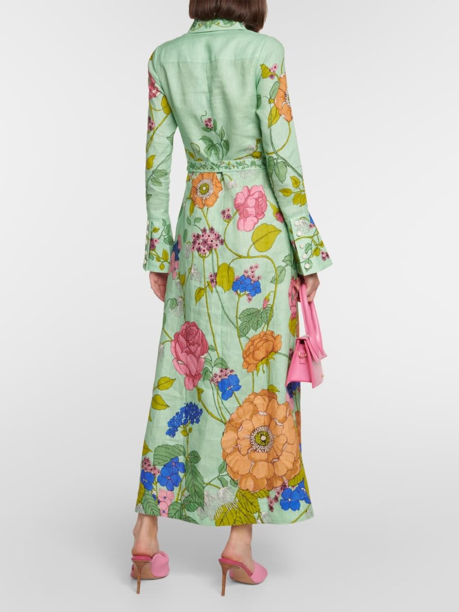 Green Floral Linen Shirt Maxi Dress