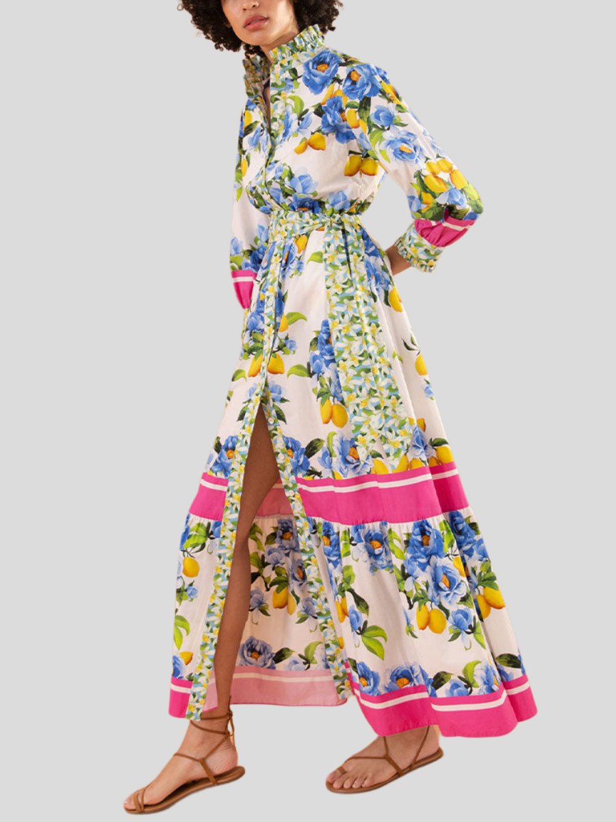 Belted Printed Cotton Poplin Maxi Shirt Dress