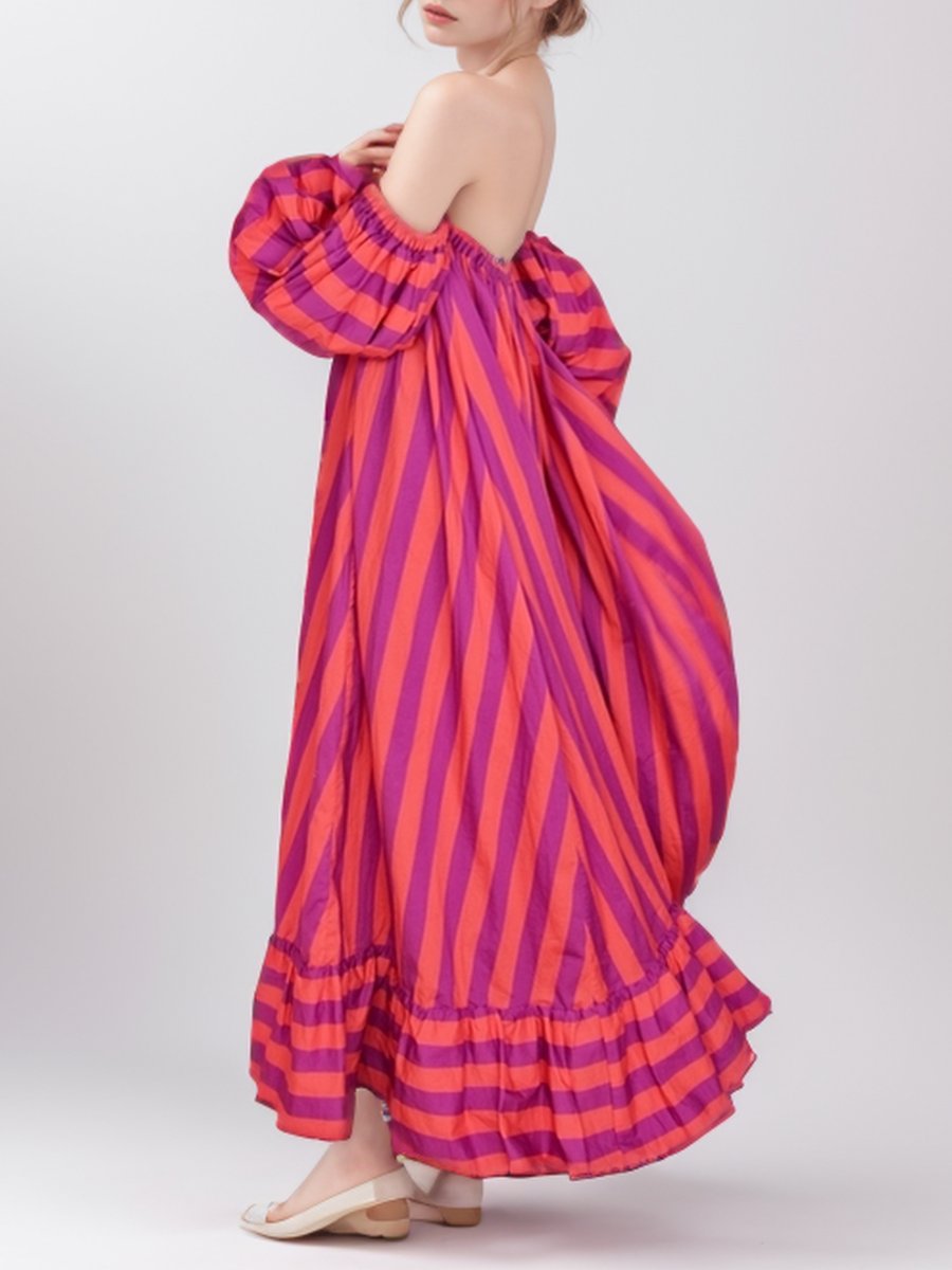 Coral Stripe Elastic Neck Maxi Dress