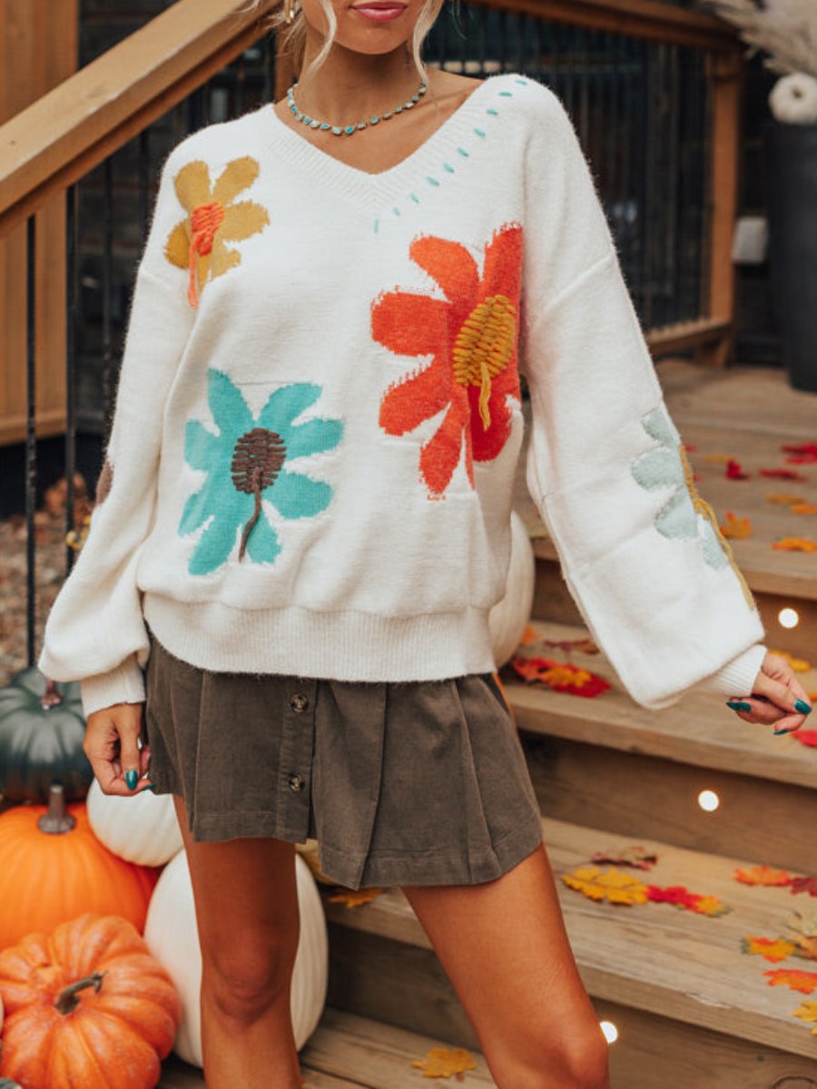 V-Neck Floral Long Sleeve Sweater