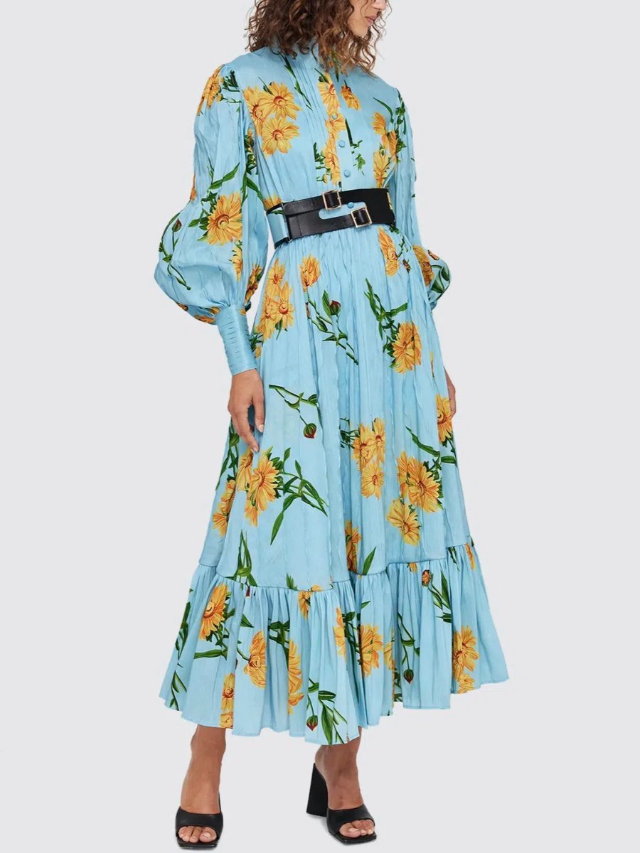 Daisy Print Blue Silk Linen Midi Dress