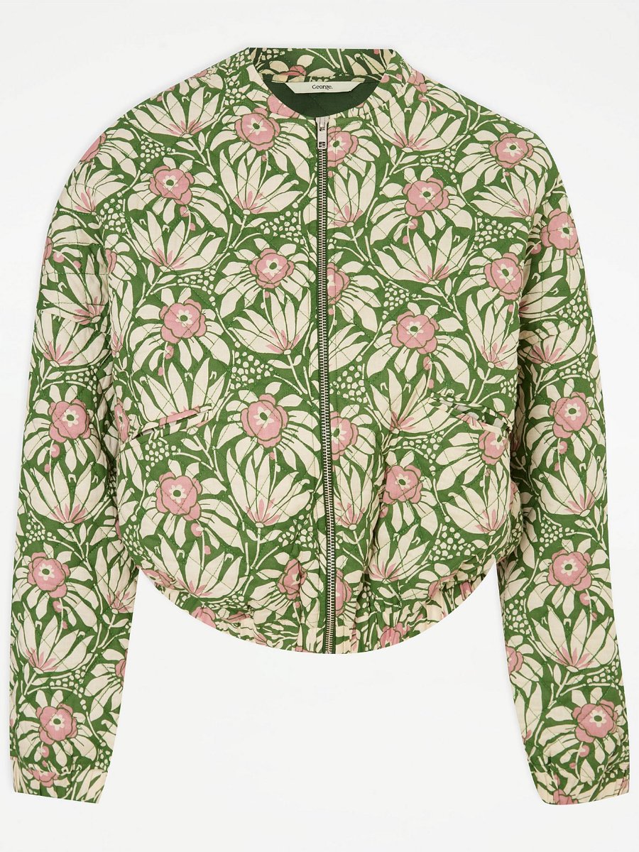 Green Floral Quilted Cuffed Cropped Jacket