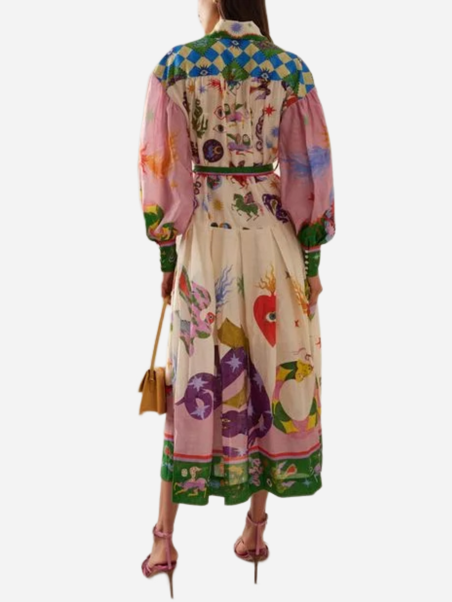 Retro Long Lantern Sleeve Graffiti Print Maxi Dress