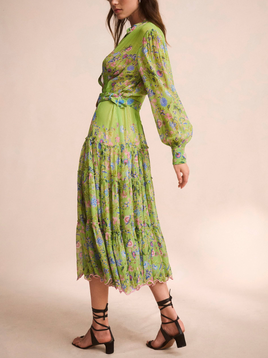 Green V-Neck Print Midi Dress