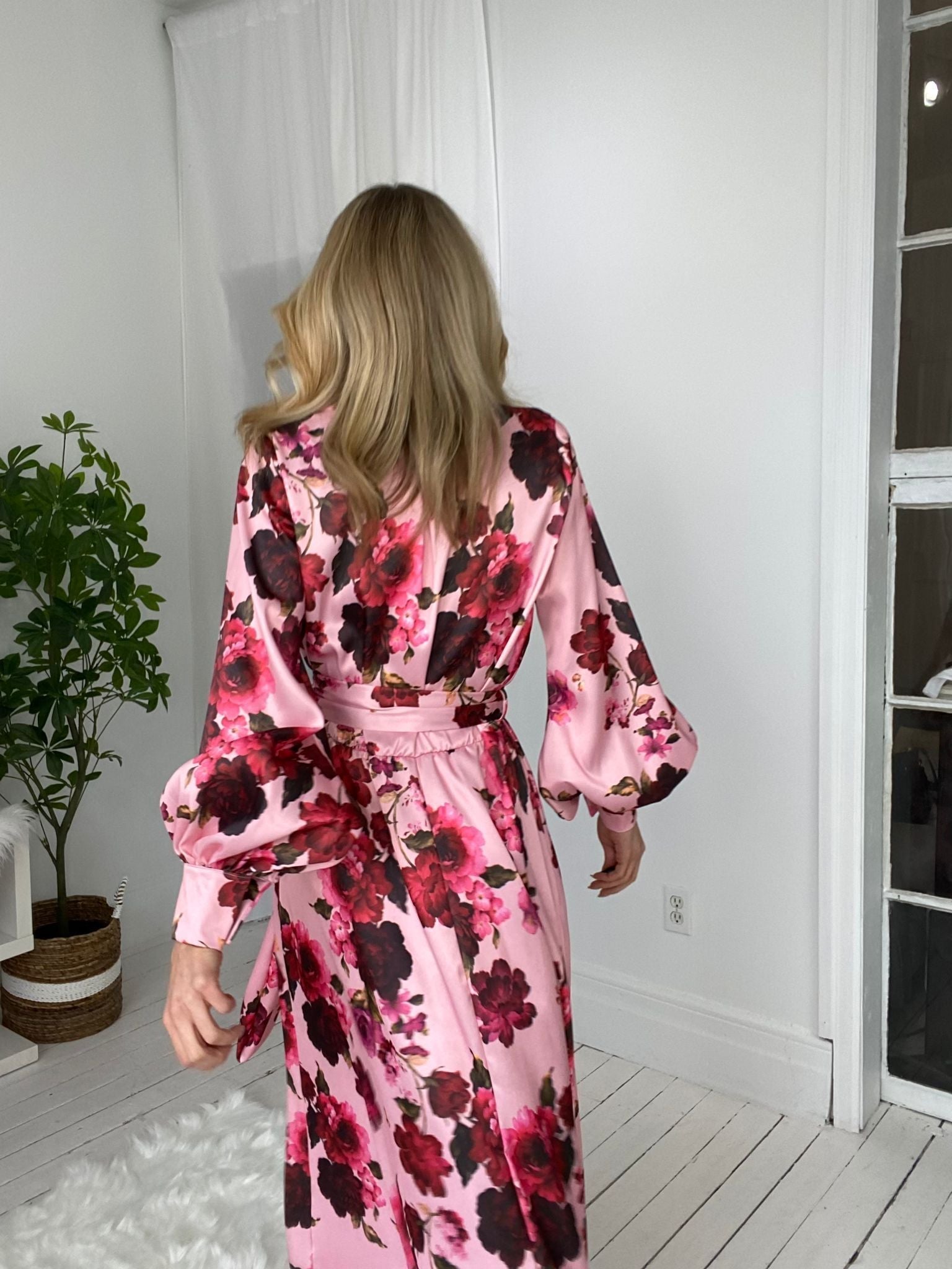 Long Puff Sleeves Floral Print Wrap Maxi Dress