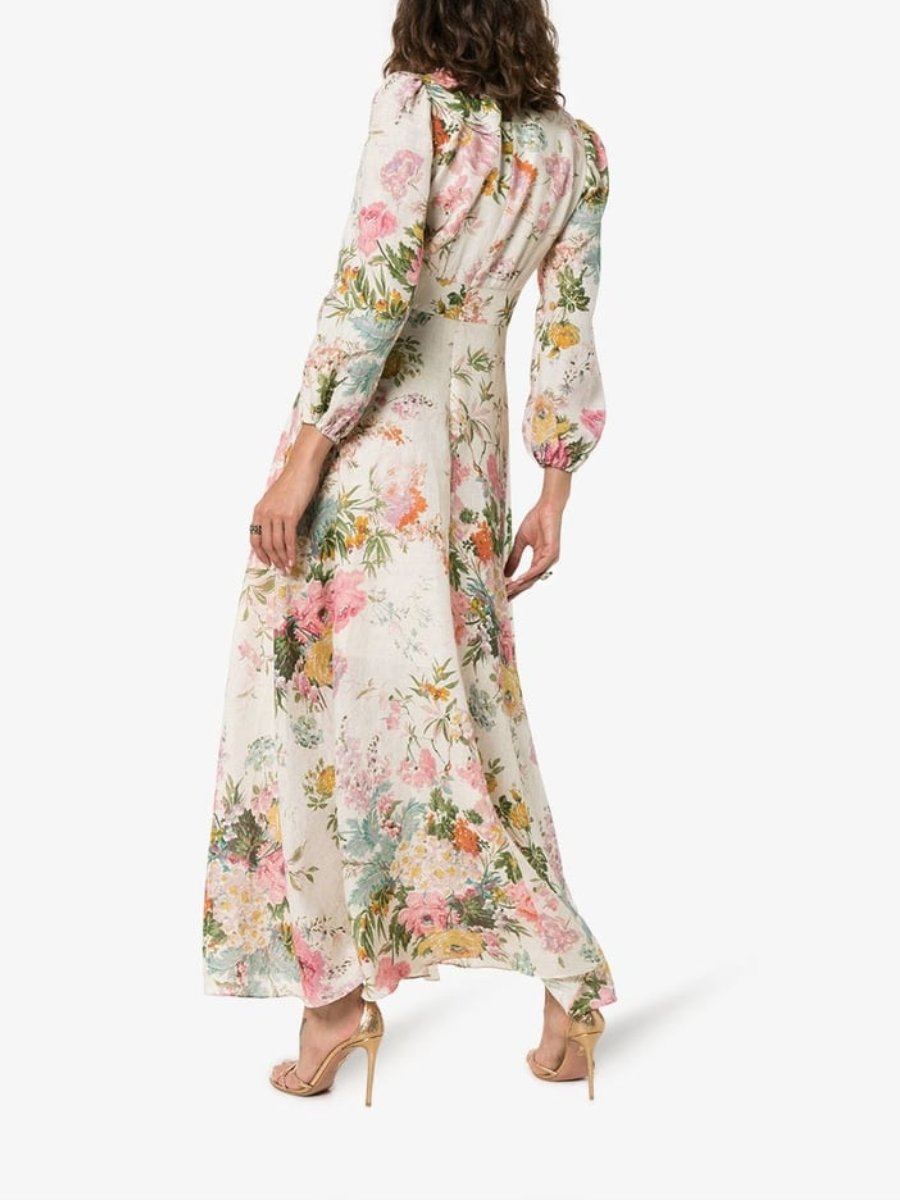 Romantic Floral Print V-Neck Long Sleeve Maxi Dress