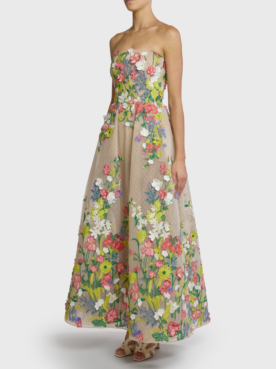 Strapless Floral Tulle Maxi Dress