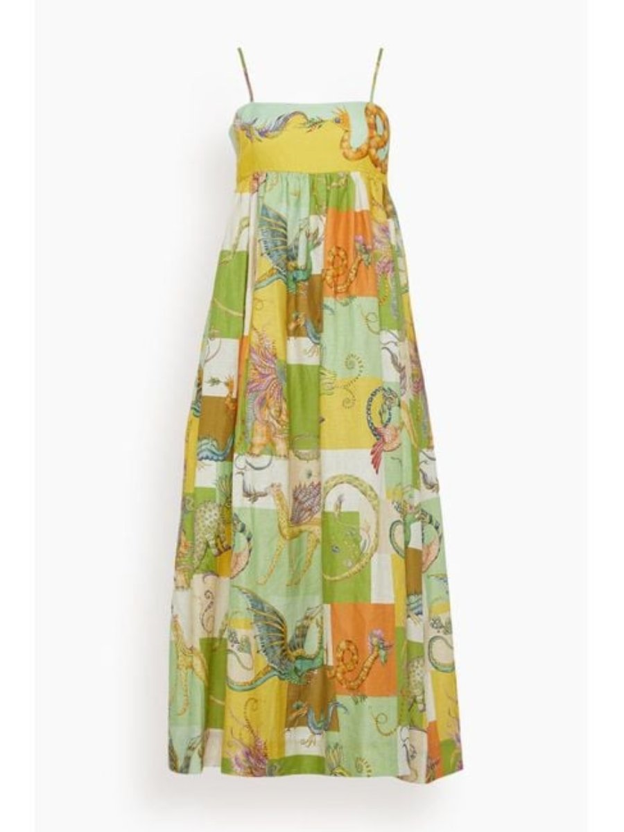 Green Folklore Print Linen Midi Dress