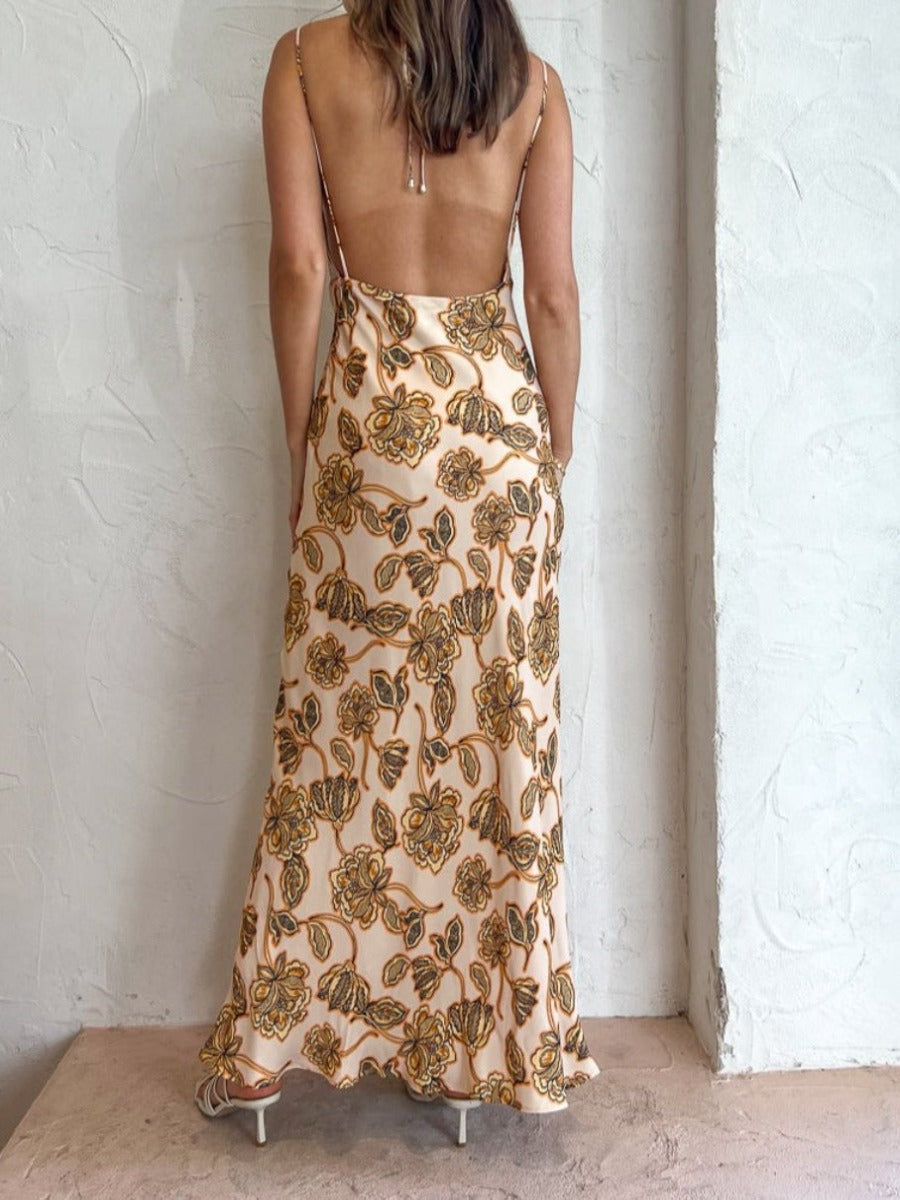 Peach Floral Backless Maxi Dress