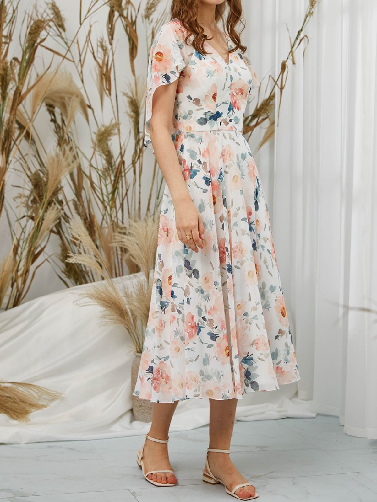 Cap Sleeves V Neck Print Floral Peach Formal Party Midi Dress