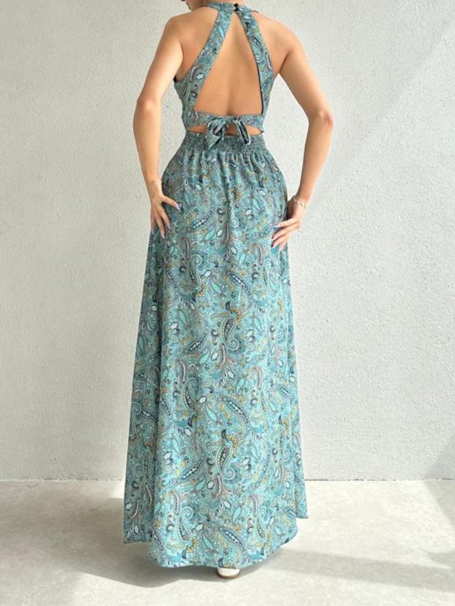 Shawl Cashew Flower Backless Midi Dress