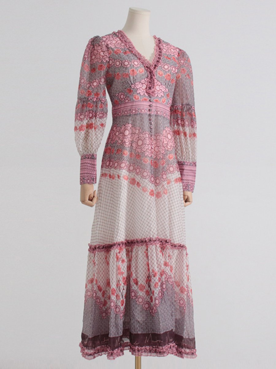 Contrast Patchwork Printed Long Sleeve V-Neck Maxi Dress