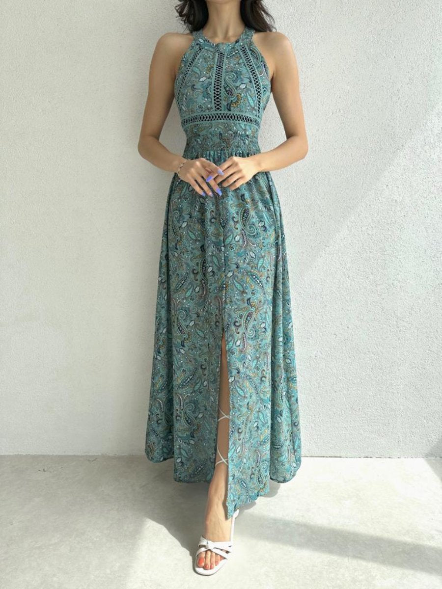 Shawl Cashew Flower Backless Midi Dress