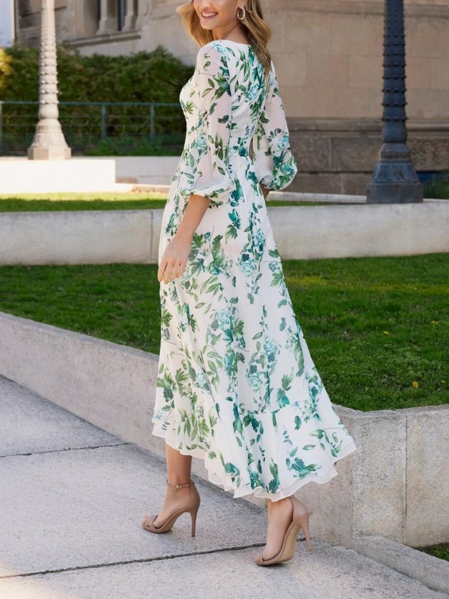 Chiffon Green Floral Print Maxi Dress