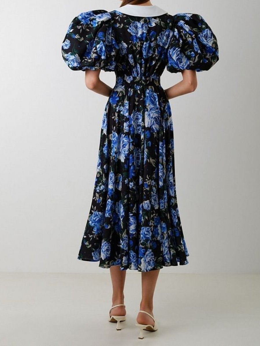 Bubble Sleeve Floral Print Midi Dress