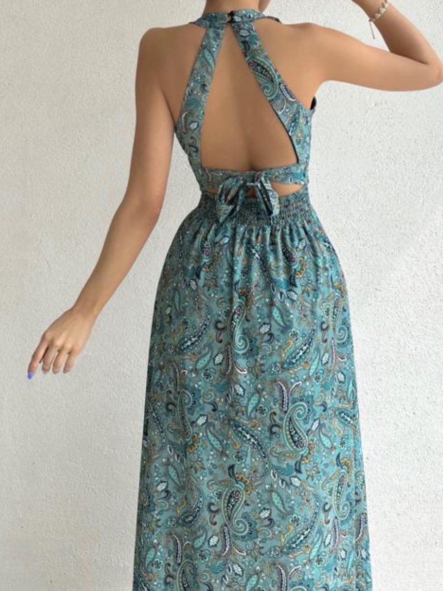 Shawl Cashew Flower Backless Midi Dress