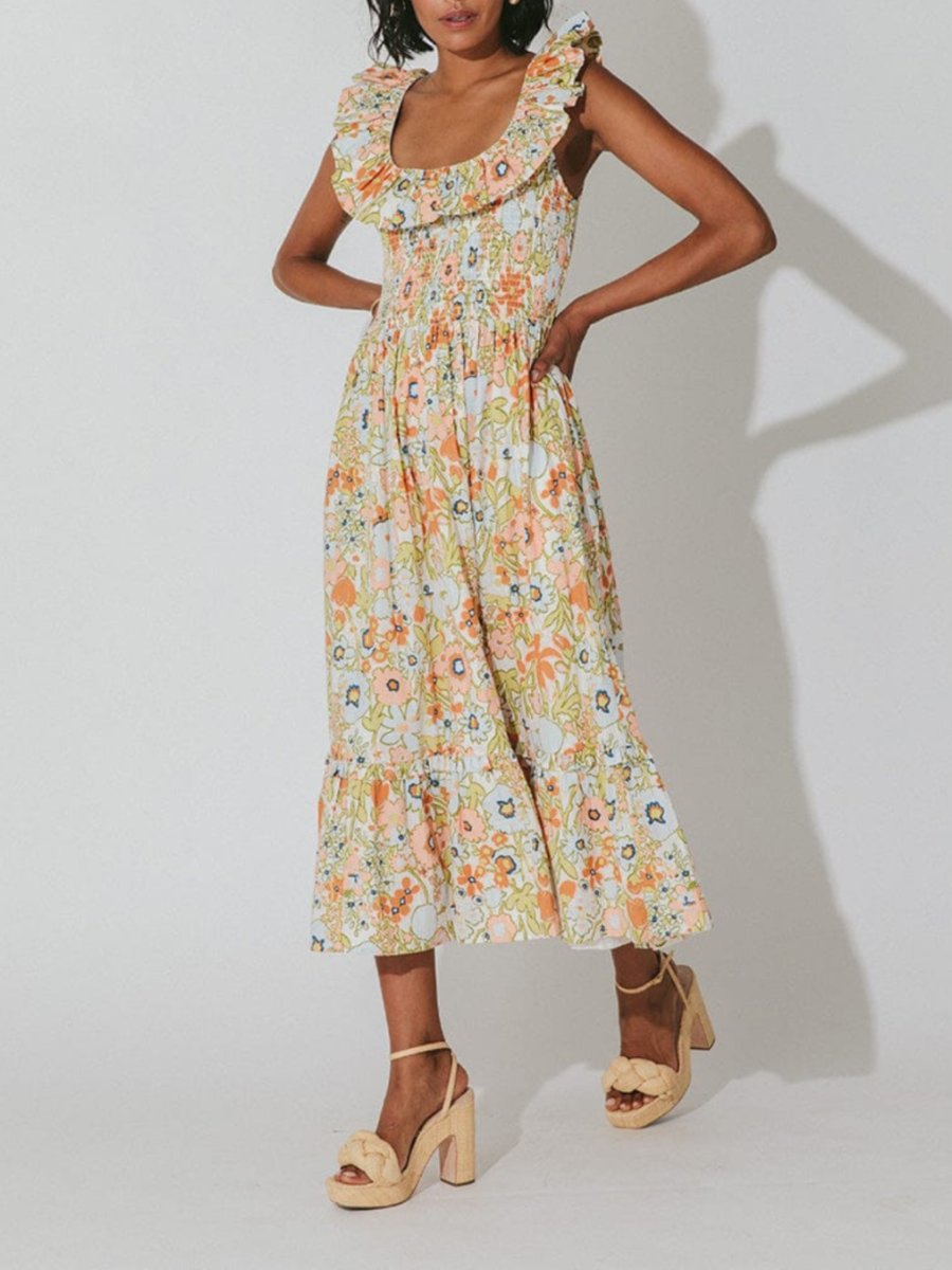 Retro Floral Scoop Neck Midi Dress