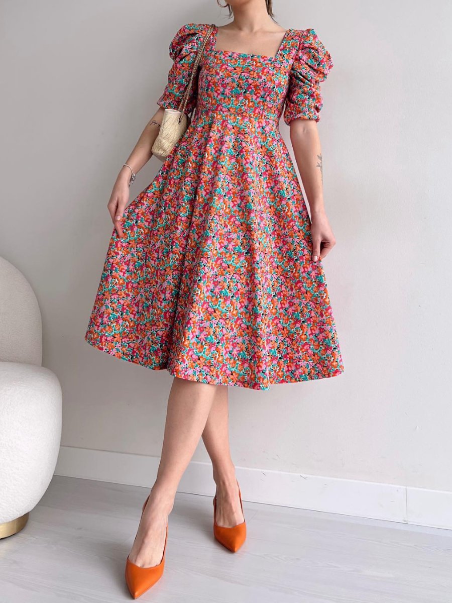 Princess Sleeve Floral Print Midi Dress