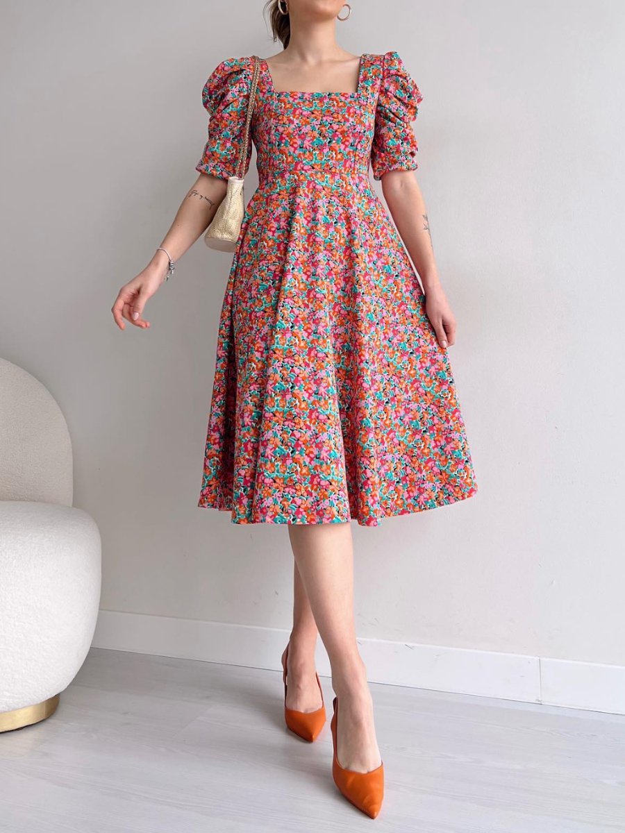 Princess Sleeve Floral Print Midi Dress