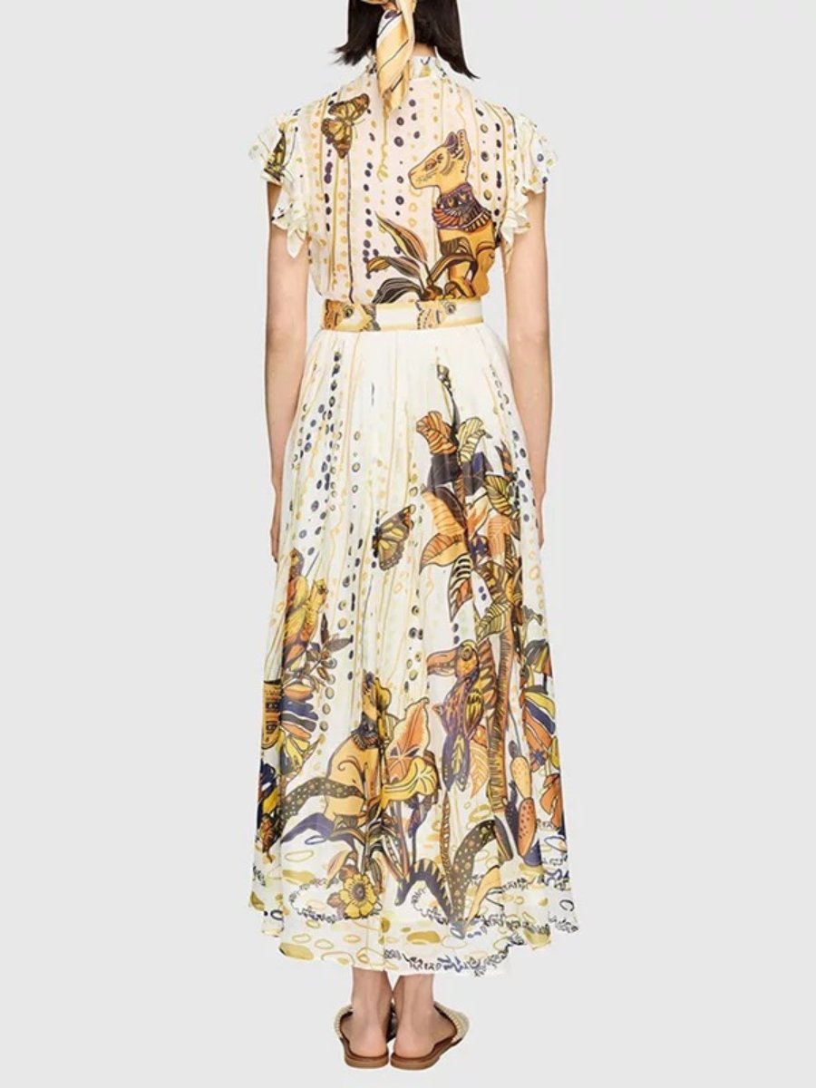 Flower And Bird Print Elegant Maxi Dress