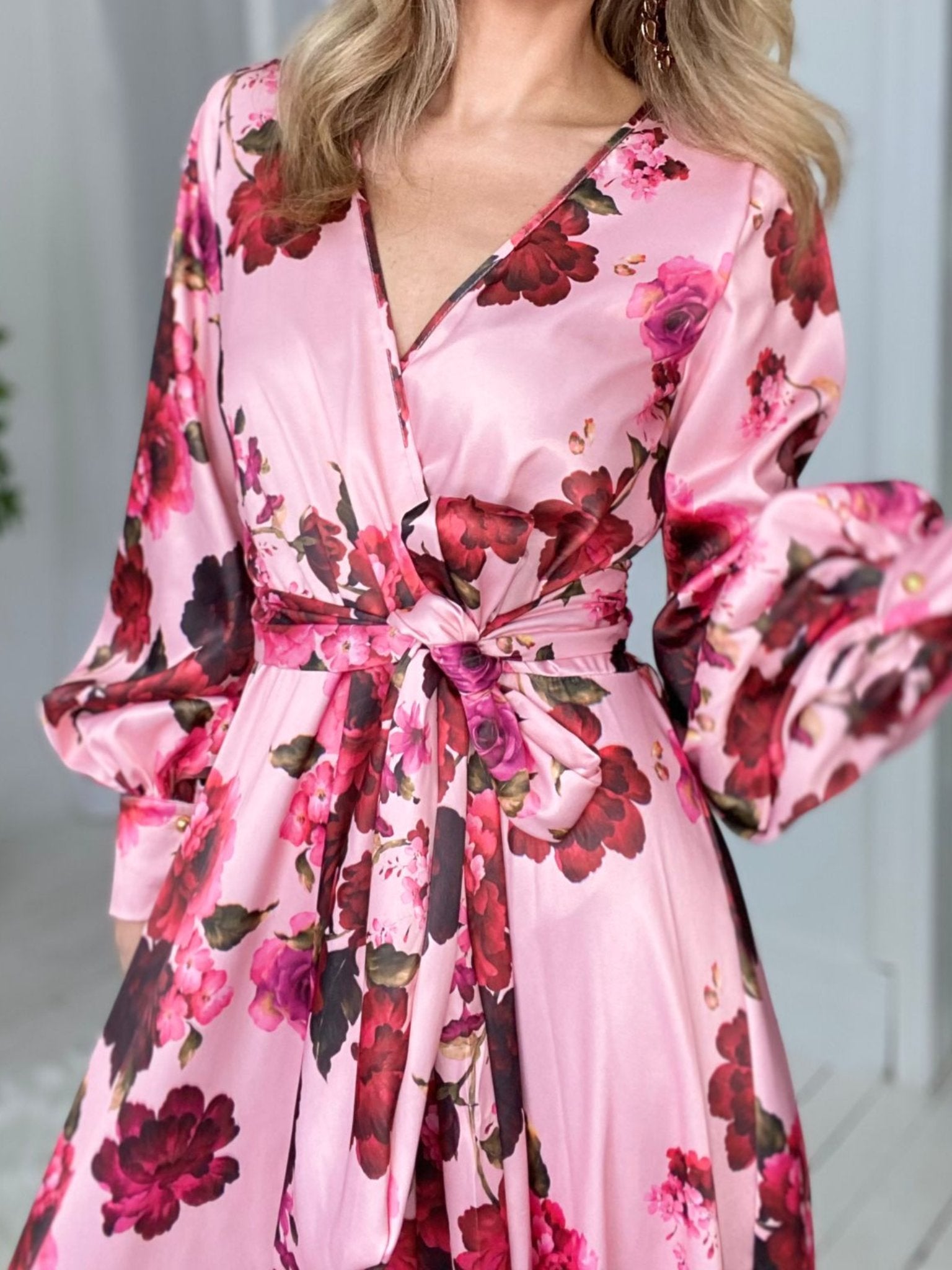 Long Puff Sleeves Floral Print Wrap Maxi Dress