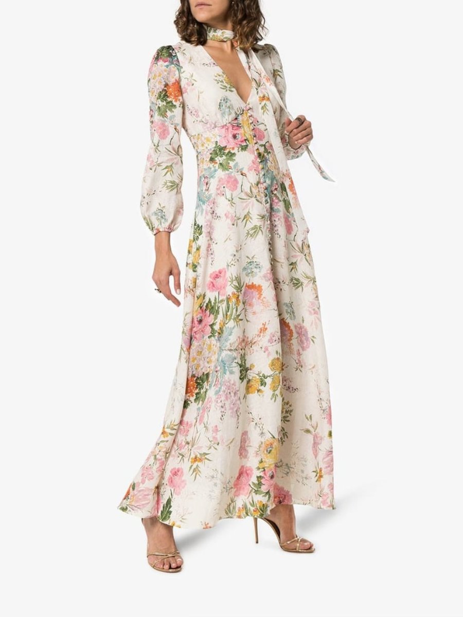 Vestido largo de manga larga con cuello en V y estampado floral romántico