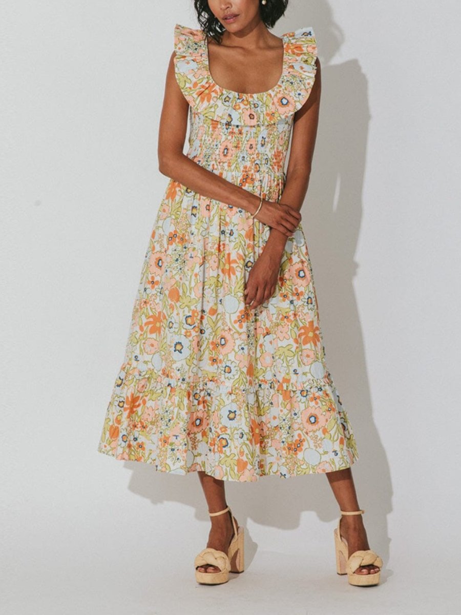 Retro Floral Scoop Neck Midi Dress