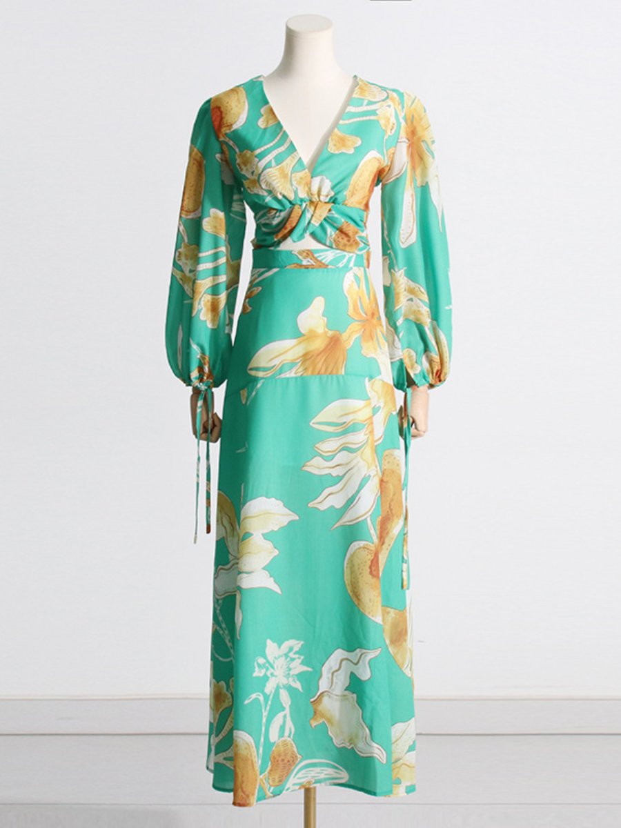 V-Neck Lantern-Sleeve Printed Two Piece Dress