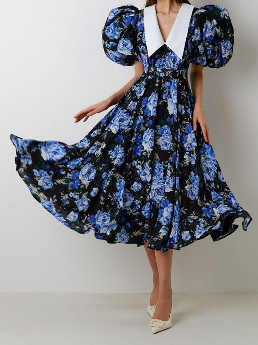 Bubble Sleeve Floral Print Midi Dress