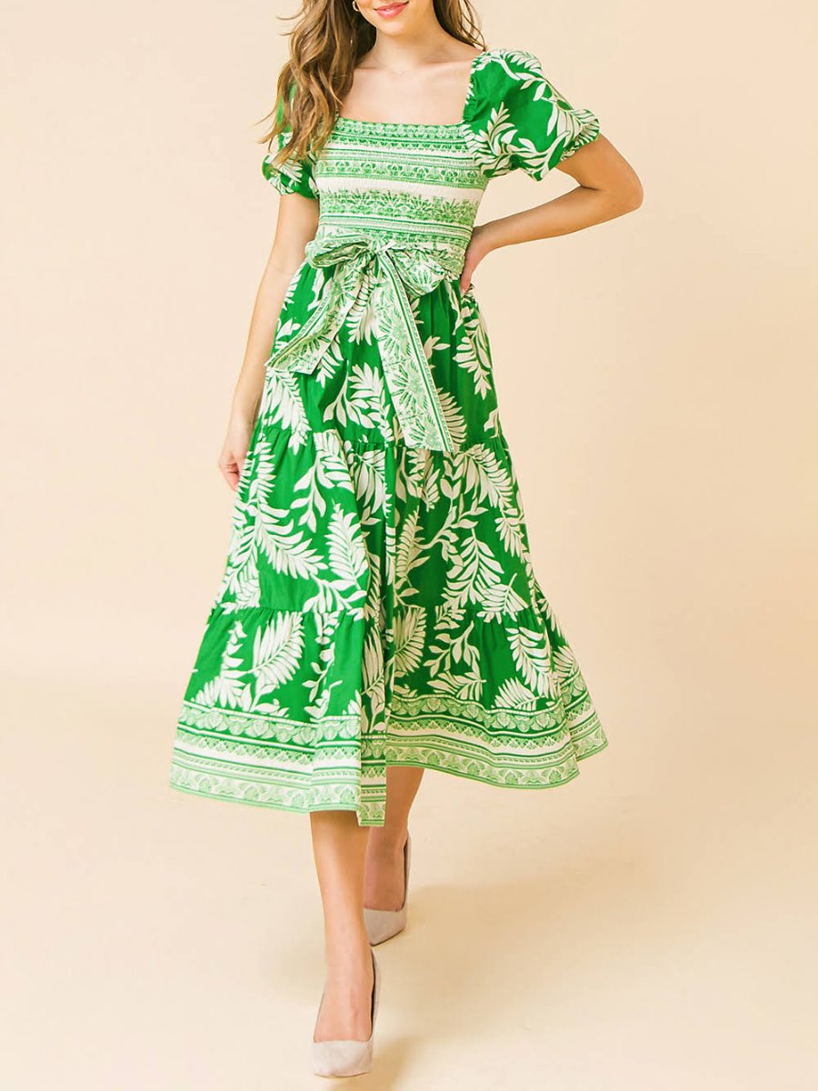 Vestido midi de manga corta con estampado de hojas frescas verde