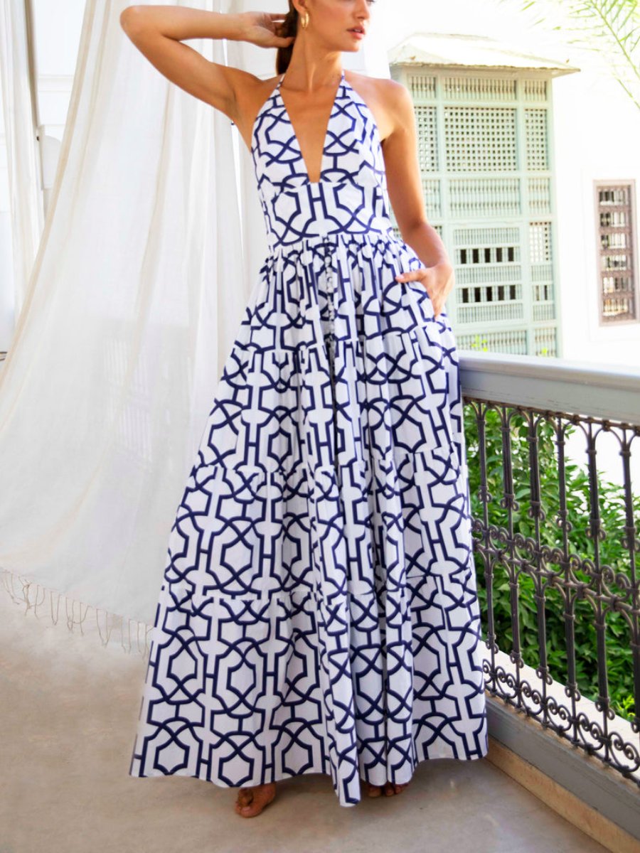 Tile Print  V-Neck Maxi Dress