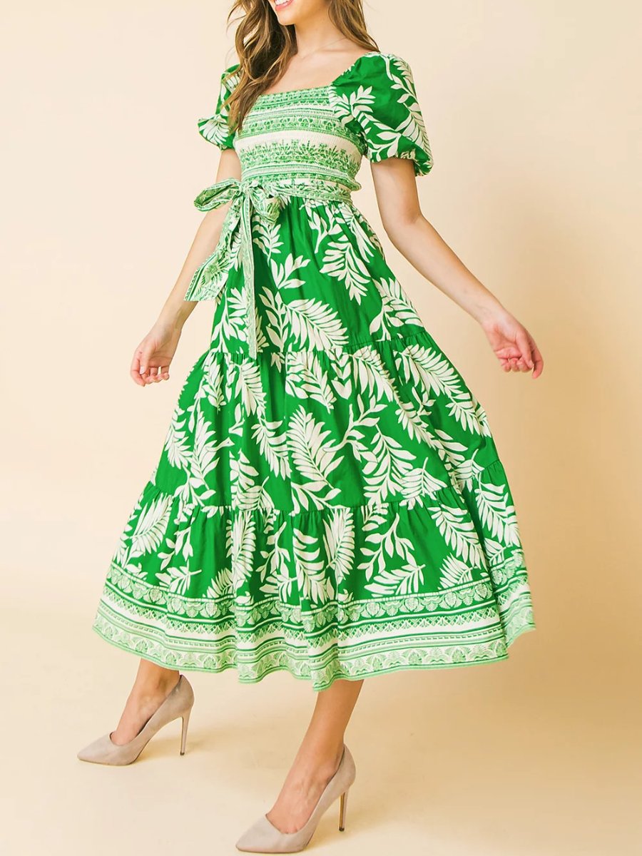 Vestido midi de manga corta con estampado de hojas frescas verde