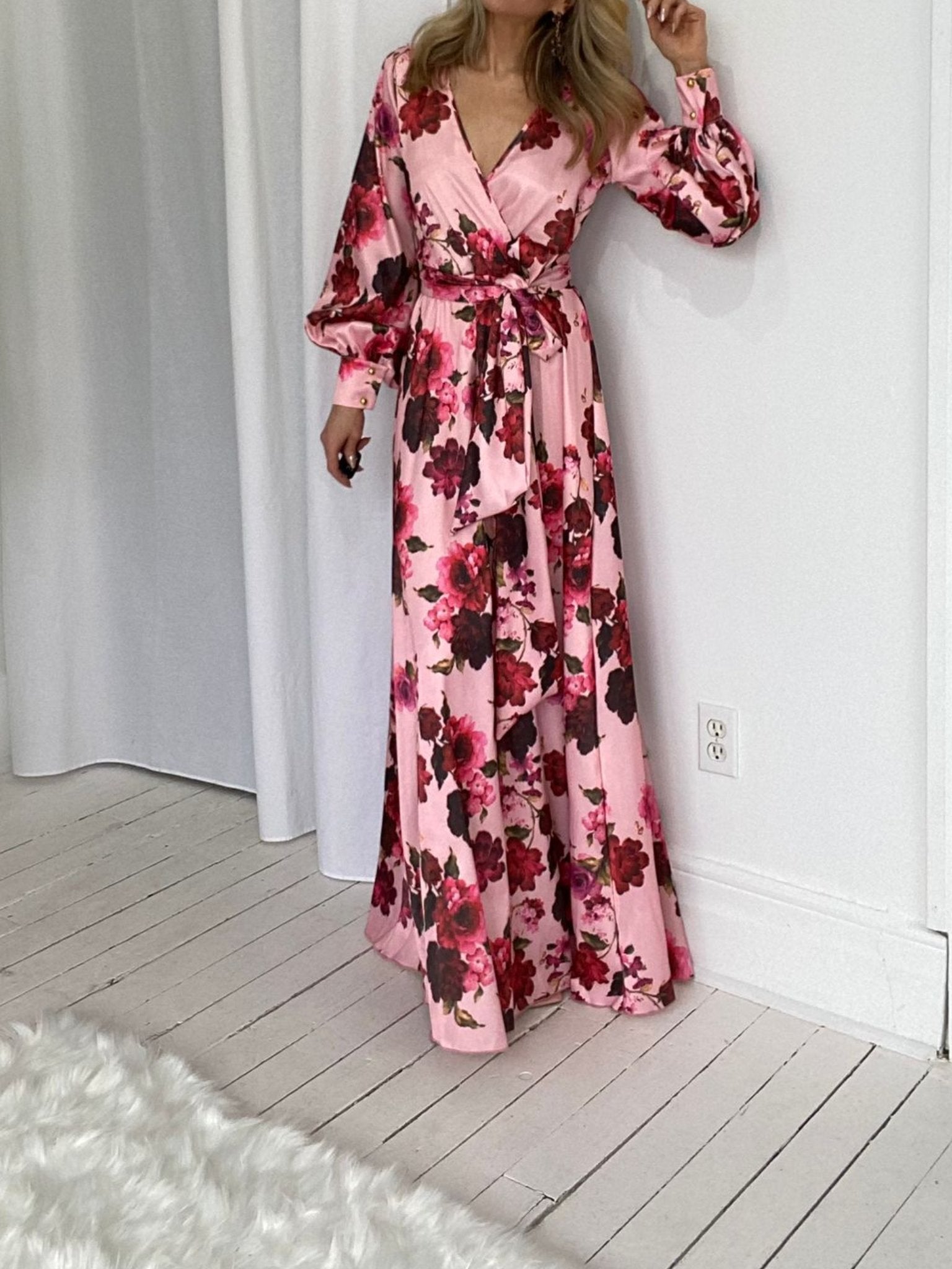 Long Puff Sleeves Floral Print Wrap Maxi Dress