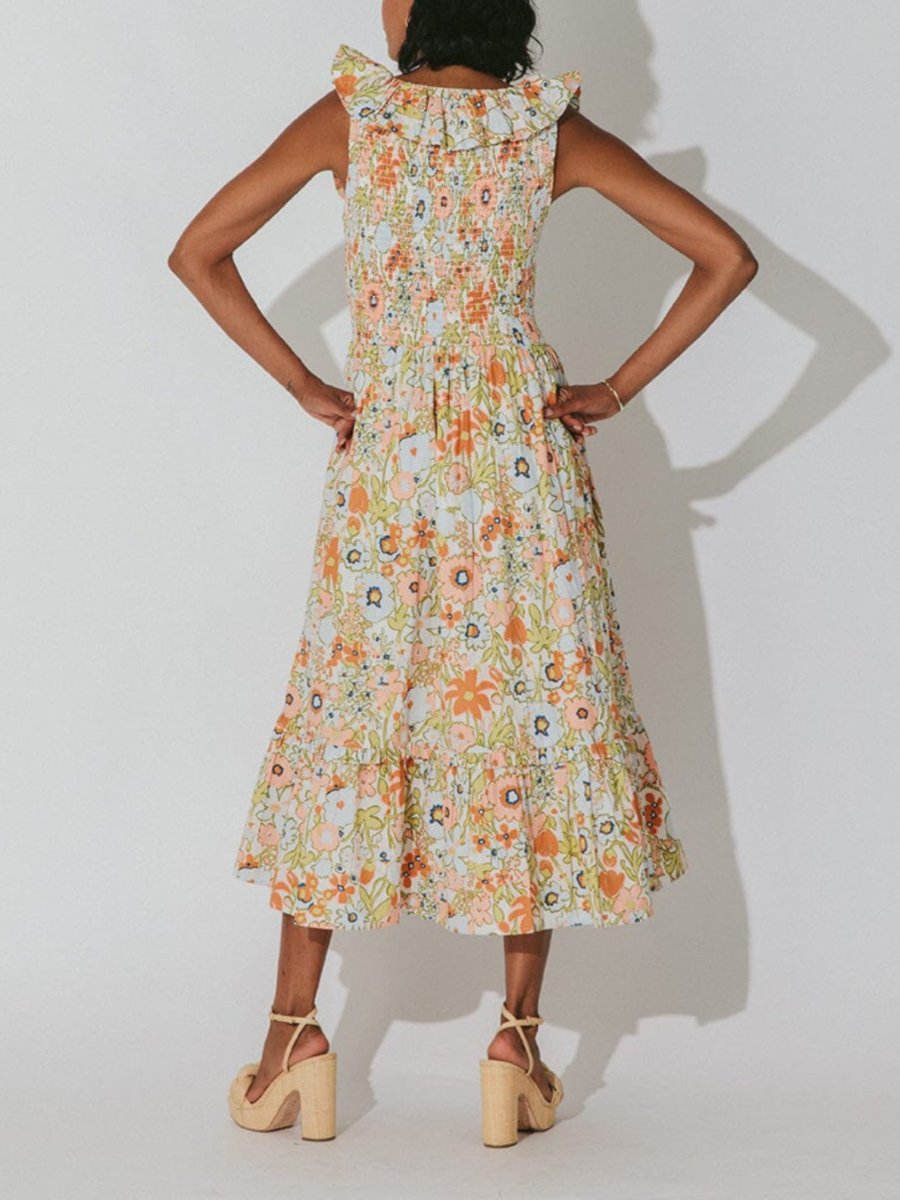 Retro Floral Scoop Neck Midi Dress