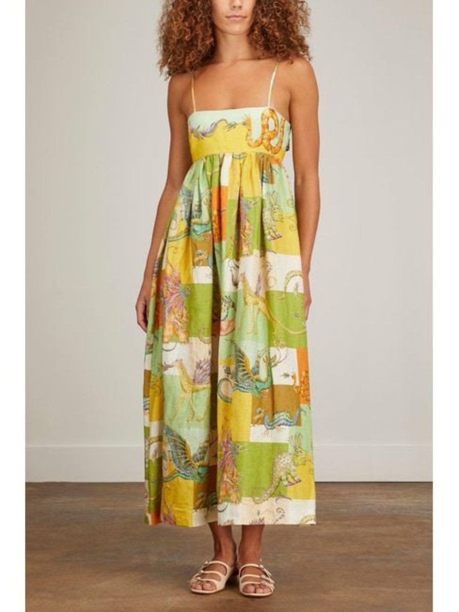 Green Folklore Print Linen Midi Dress