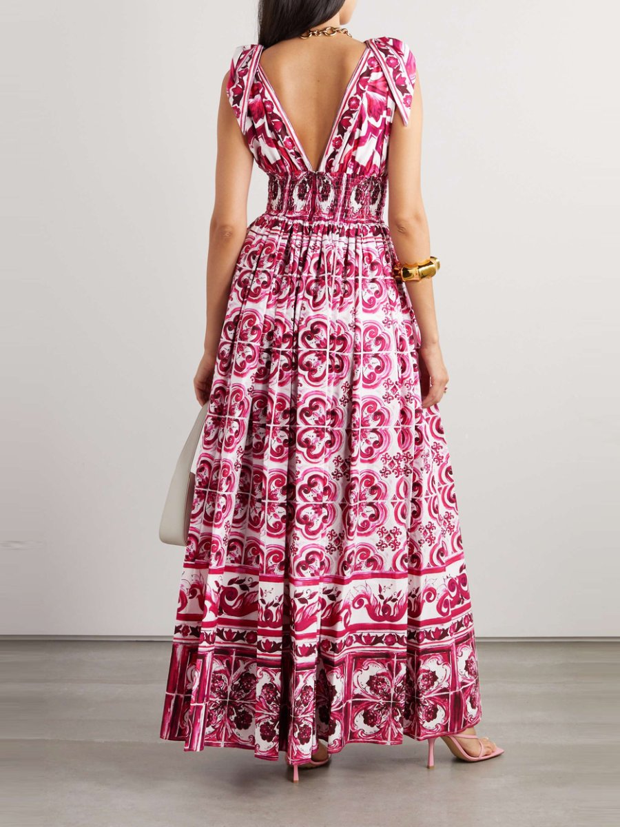 Red Majolica Porcelain Print Halter Maxi Dress