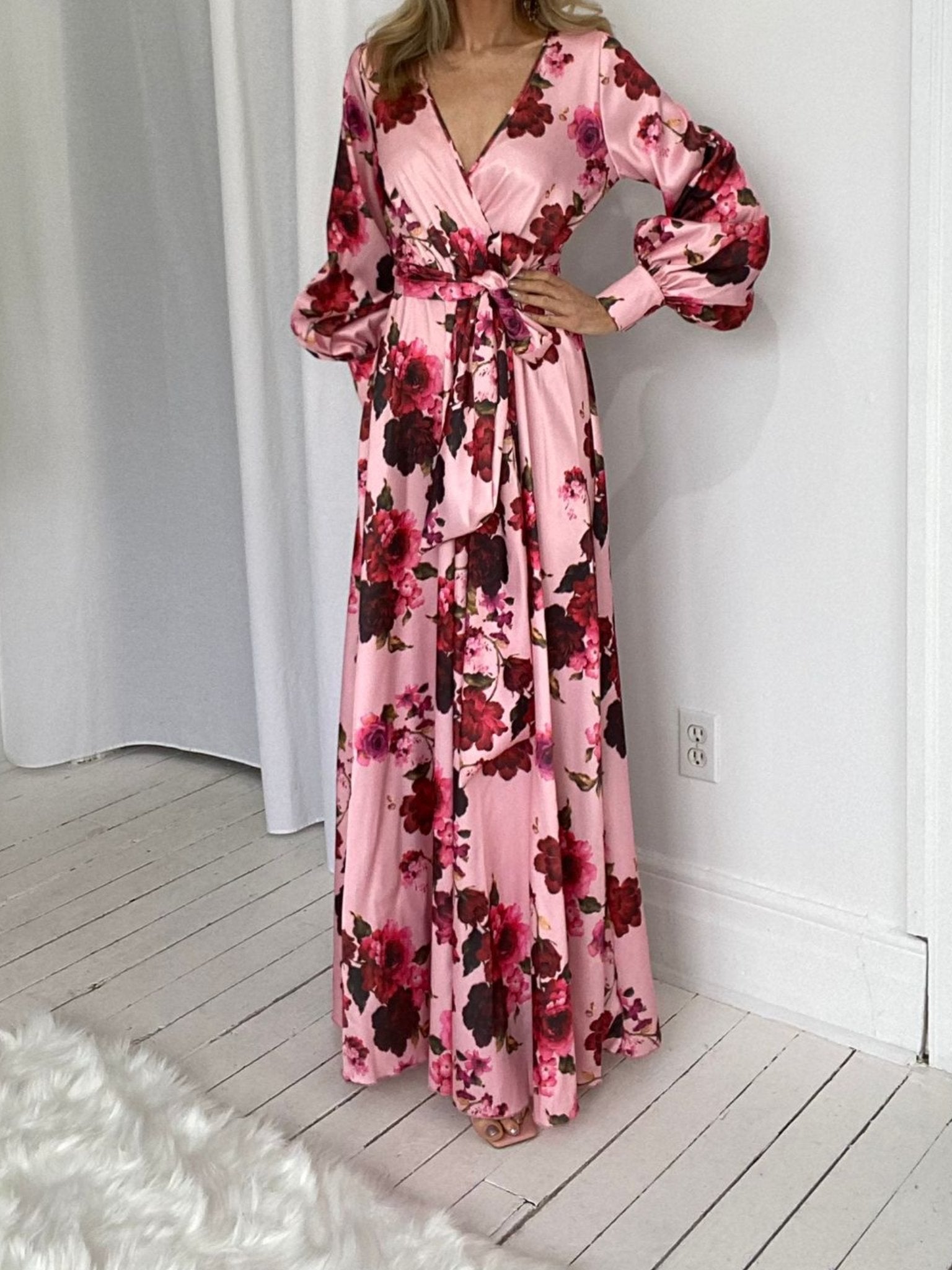 Long Puff Sleeves Floral Print Wrap Maxi Dress