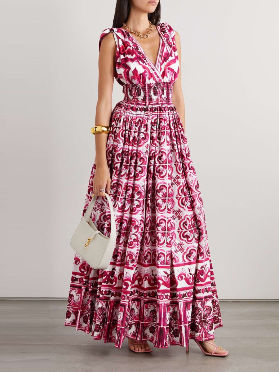 Red Majolica Porcelain Print Halter Maxi Dress