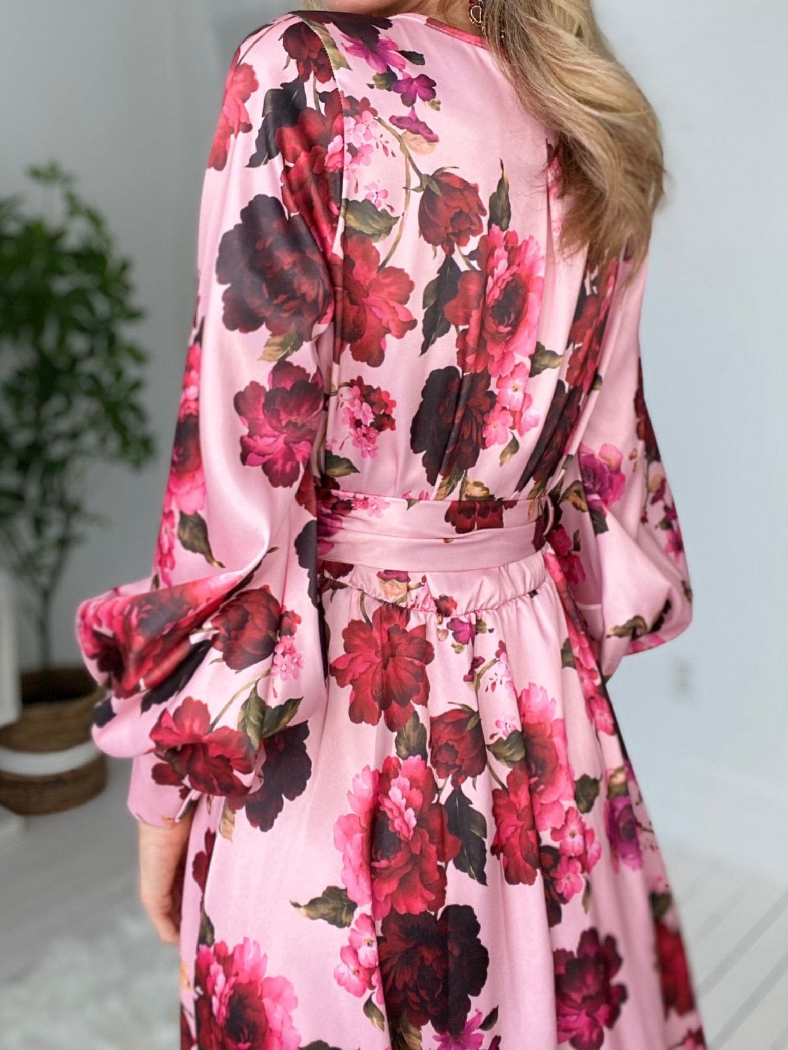 Long Puff Sleeves Floral Print Wrap Maxi Dress