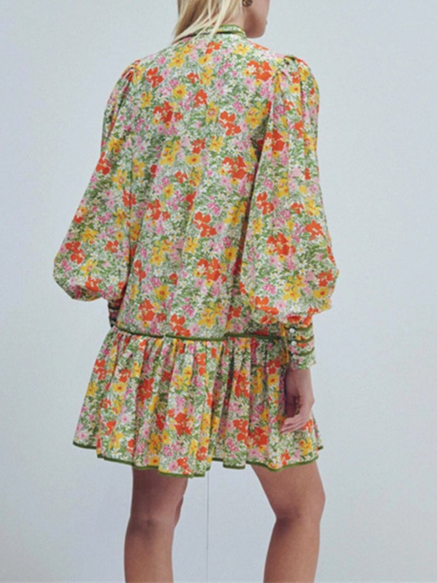 Mini vestido floral pastoral vintage con mangas abullonadas